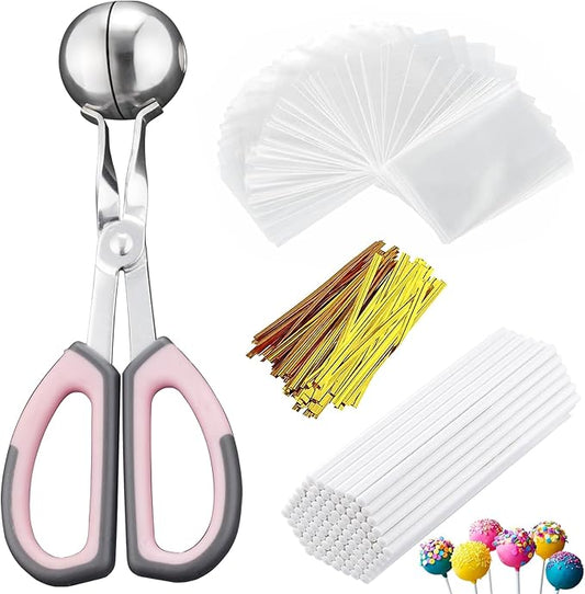 Cake Pop Kit, 100 Cake Pop Sticks, 100 Cake Pop Bags, 100 Twist Ties, 1 Cake Pop Mold Roller, Cake Pop Maker for Cakepops, Lollipop, Candies, Chocolates and Cookies