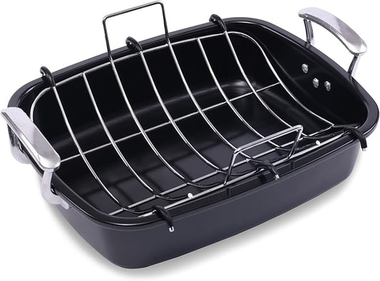 Uukrave Nonstick Turkey Roasting Pan with Rack - Large 18.5 x 14.6 Inch Heavy Duty Roaster for 25 lb Turkey or Chicken, Deep Oven Tray with U-Rack and Wide Handles, Non-Toxic, Black