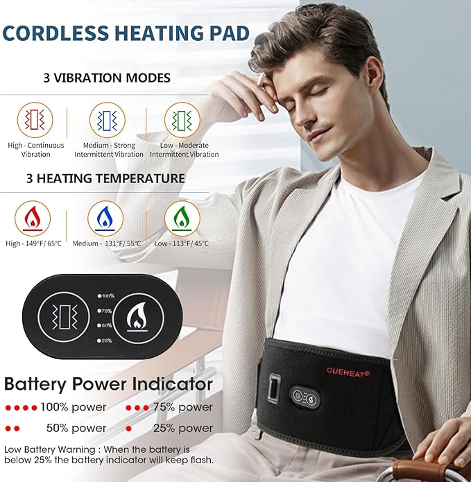 CUEHEAT Heated Waist Belt - Cordless Heating Pad for Low Back, Electrical Heating and Massage, Rechargeable Battery Powered (Black, 49 inches)
