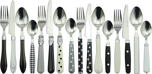 The Original Brink House Eclectic Black & White Mix & Match Stainless Steel Cutlery Set / 16 pieces with Metal Stand/Lifestyle utensils set for home, first apartment, dorm, dinner parties