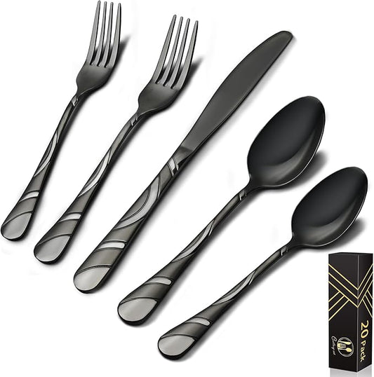 Black Silverware Set for 4, 18/0 Stainless Steel Frosted & Mirror Finish 20-Piece Flatware Set, Modern Cutlery Set for Wedding Restaurant Housewarming Party Event Serving For 4