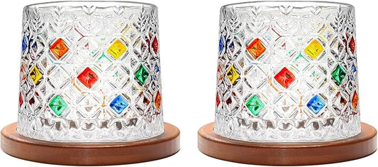 Rotatable Old Fashioned Glass Cup, 275ml/10oz Crystal Whiskey Glass Set of 2, Wood Coaster, Thickening, Used as Rum Glass, Cocktail, Coffee, Milk Cup to Relax and Reduce Stress