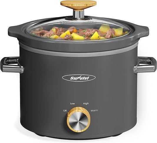 SUNVIVIPRO Small Slow Cooker with Removable Ceramic Pot, Food Warmer with 3 Heating Settings & Dishwasher Safe Glass Lid, Grey