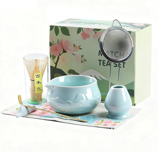 7-Piece Matcha Set–Traditional Japanese Tea Kit with Matcha Bowl, Bamboo Whisk, Ceramic Holder, Scoop, and Sifter–Perfect for Tea Ceremonies&Gifts for Matcha Lovers (Mountain Relief-Celadon)