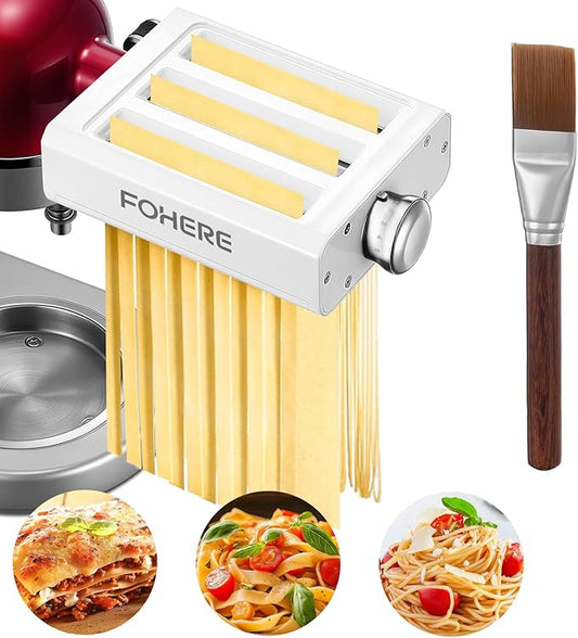 3-IN-1 Pasta Maker Attachment for KitchenAid Stand Mixer, Pasta Maker Accessories with Pasta Roller, Fettuccine Cutter, Spaghetti Cutter and Cleaning Brush, Homemade Fresh Noodles and Italian Cuisine