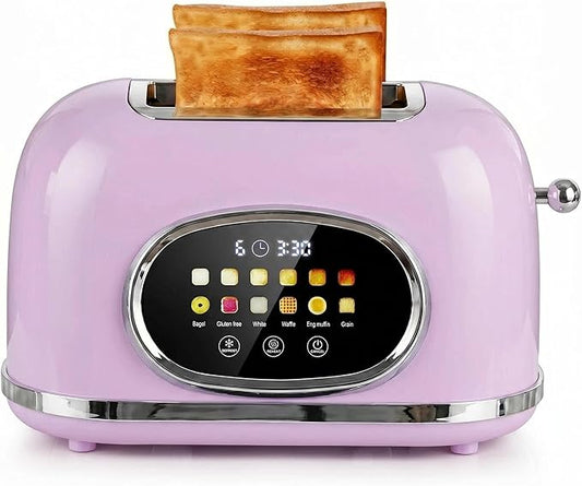 Roter Mond 2 Slice Toaster Smart Touch Screen, Retro Stainless Steel Bread Toaster with Digital Timer, Sleep Mode, Bagel, Cancel, and Defrost Functions, 6 Bread Types and Shade Settings, Light Purple