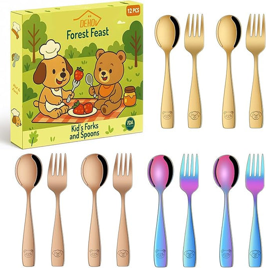 DEHOV Colorful Toddler Eating Utensils Set,Set Of 12 Food Grade Stainless Steel Silverware Sets For Kids,Dishwasher Safe Children Small Metal Spoons And Forks Flatware Sets