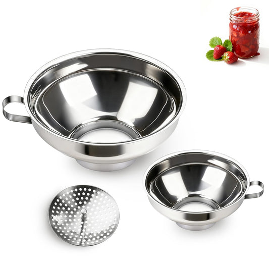 Canning Funnel with Strainer, Wide Mouth Funnels for Filling Wide and Regular Mason Jars, Food Grade Stainless Steel Canning Supplies for Kitchen Use, 3 Pack (Small and Large)