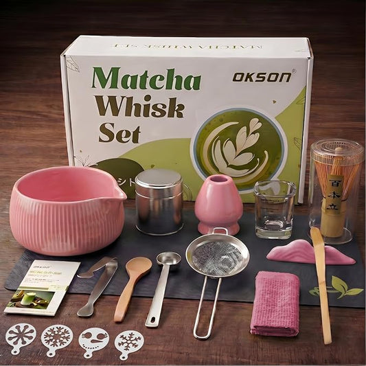 Matcha Whisk Set, 15PCS Ceramic Matcha Bowl Kit, Includes Bamboo Whisk & Holder, Glass Measuring Cup, Caddy, Sifter, Scoop, Tea Towel, Tea Mat, Making Sets for Lovers, Pink