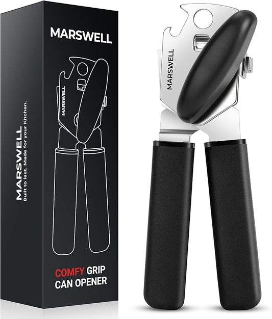 MARSWELL Manual Can Opener with Comfy Grip, Easy Turn Knob & Magnetic Lid Lifter, Smooth Cutting Hand Held Can Opener for Seniors, Arthritis & Weak Hands, Heavy Duty Kitchen Tool, Black
