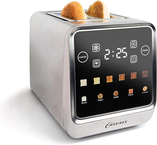 Inspirex Touch Screen Toaster - 2 Slice Extra-Wide Slots - 5 Bread Type and 6 Browning Levels - Defrost, Reheat, Favorite, Single Slot Settings - Stainless Steel