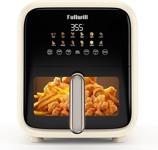 Fullwill Air Fryer with Visible Window, 7.5QT,12-in-1 Multi-Function Air Fry,Roast,Bake, Dehydrate, Fries,Nonstick and Dishwasher-Safe Basket,Family&friends Party,1700W,Creamy White