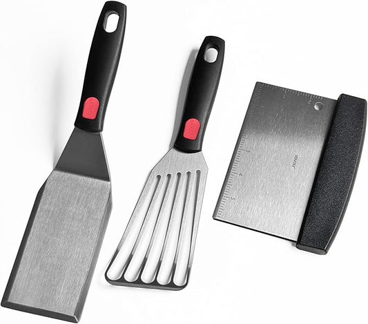 Stainless Steel Spatula Set with Heat Resistant Silicone Handle, VOVOLY Metal Spatulas For Kitchen Use, Thickened Smash Burger Spatula, Fish Flipper, Bench Scraper