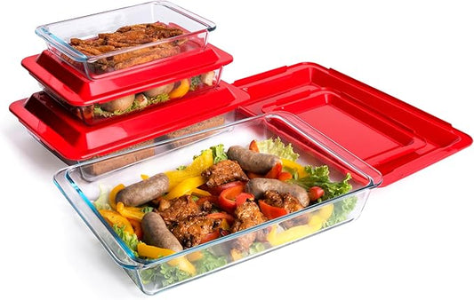 Set of 8 pcs Tempered Nesting Glass Baking Pan Set, Glass Baking Dish with BPA Free Lids. Oven, Microwave, Refrigerator and Dishwasher Safe - 1L, 1.7L, 2.8L, 4.2L