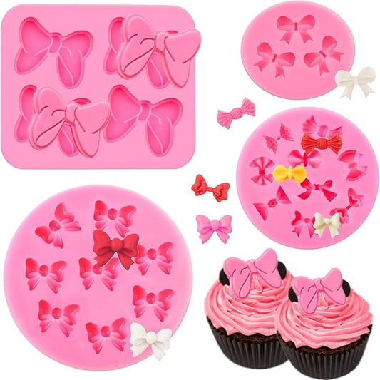 Puyeipt 4 Pcs Bow Silicone Mold, Mini Bows Fondant Molds, Chocolate Candy Silicone Molds for Cupcake Topper, Cake Pop Decoration and Clay Craft Making