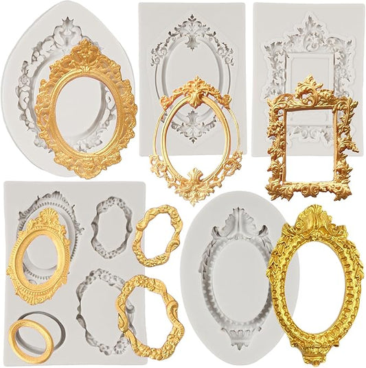 Photo Frame Fondant Molds Picture Frames Silicone Mold Vintage Frame Molds For Cake Decoration Cupcake Topper Chocolate Candy Polymer Clay Gum Paste Set of 5