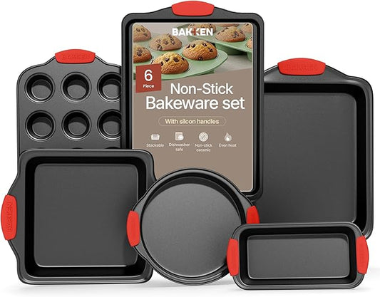 BAKKENMASTER Baking Set – 6 Piece Kitchen Oven Bakeware Set – Deluxe Non-Stick Black Coating Inside and Outside – Carbon Steel – Red Silicone Handles – PFOA PFOS and PTFE Free by Bakken