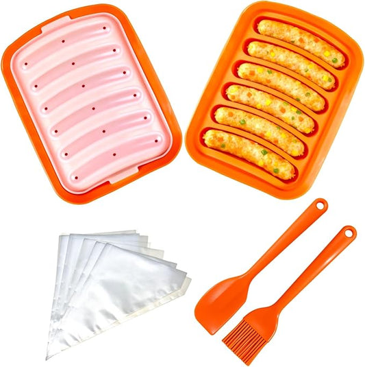 Silicone Sausage Mold 2 Pcs with a Set of Silicone Brush Spatula and 25x Pastry Bags, Non-Stick Hot Dog Bun Pan, DIY Handmade Ham Sausage, Hot Dogs Baking Mold for Children's Food with Lid, Orange