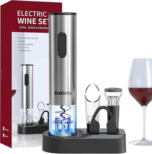 5-in-1 Electric Wine Opener Set Automatic Wine Opener Battery Operated Wine Bottle Opener with Wine Stopper, Wine Pour, Foil Cutter, Storage Base, Gift For Wine Lovers（Stainless Steel ）