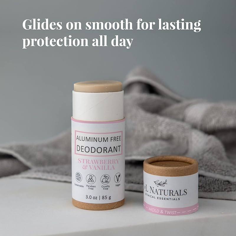 J&L Naturals Aluminum Free Deodorant for Men & Women | 100% Natural Ingredients With Coconut Oil, Shea Butter, & Essential Oils | Sustainable, Eco-Friendly (Strawberry & Vanilla, 3.0 Oz (Pack of 2))