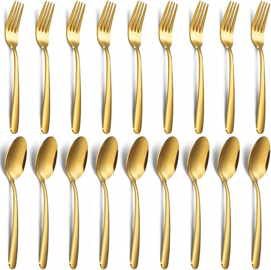 Unokit 24-Piece Spoons and Forks Set Silverware Set - Forks and Spoons Stainless Steel Silverware for Home, Kitchen and Restaurant, 12-Fork and 12-Spoon, Mirror Polished & Dishwasher Safe, Gold