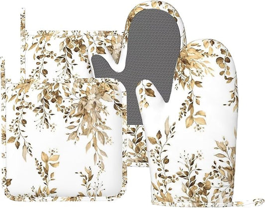 Brown Eucalyptus Oven Mitts and Pot Holders Set, 4pcs Silicone Watercolor Plant Leaves with Floral Oven Glove for Kitchen Heat Resistant Oven Mitts and Potholders Non-Slip for Cooking