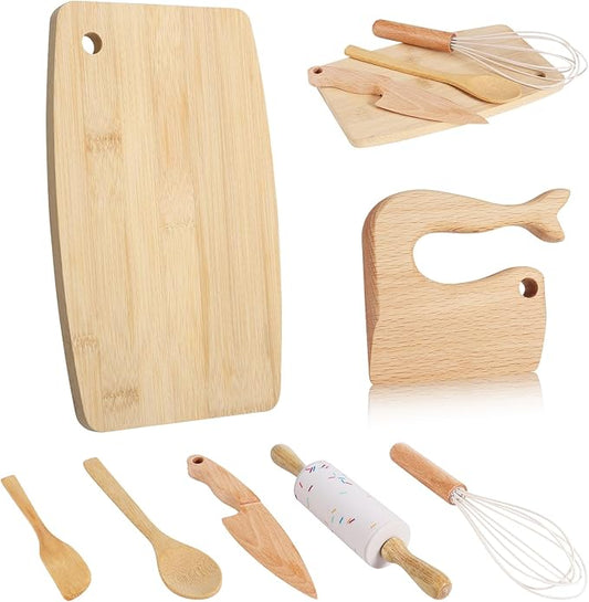 7 Pieces Wooden Kids Knife Toddler Knife Set Toddler Cutting Board And Knife Set for Real Cooking Kitchen Tools for Toddlers for Cutting Veggies Fruits Salad Cake