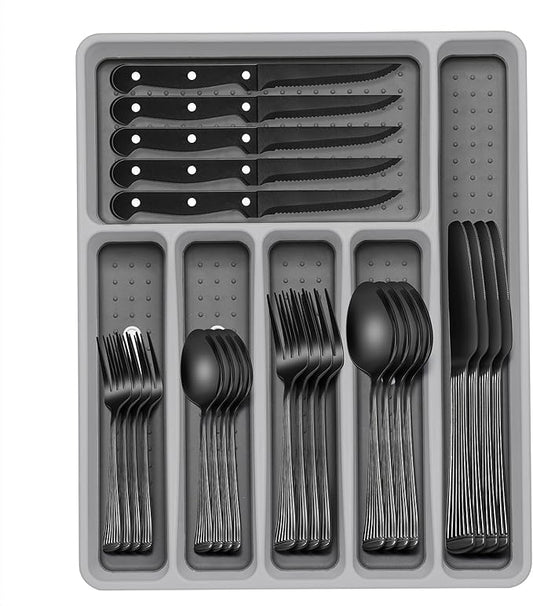 49-Piece Black Silverware Set with Organizer, Food-Grade Stainless Steel Black Flatware for 8, Cutlery Utensil Sets with Steak Knives, Rust-proof, Mirror Polished, Dishwasher Safe, Roman Column