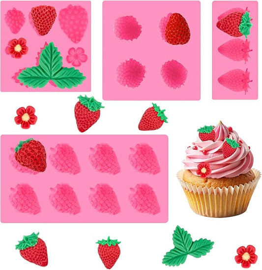 Puyeipt 4 Pcs Strawberry Silicone Molds, 3D Strawberry Fondant Molds for Chocolates, Candies, Cake Decorations, Cupcake Toppers, Desserts