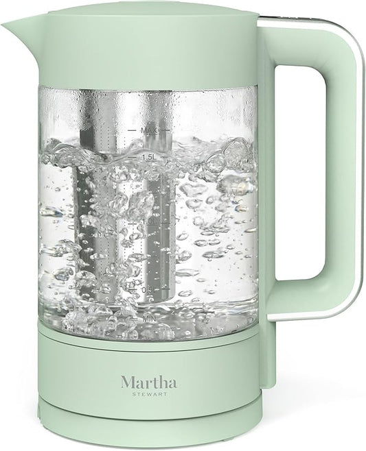 Martha Stewart Electric Kettle with Removable Stainless Steel Tea Infuser, Glass Carafe 1.7L (7 Cups), Hot Water Boiler, 4 Presets, Keep Warm & Auto Shut-Off, Cordless 360° Swivel Base, Honeydew Green