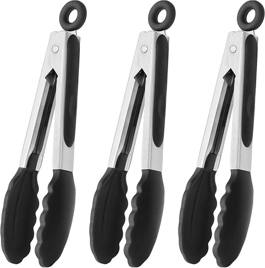 Mini Tongs with Silicone Tips 7-Inch Kitchen Tongs, Set of 3 (Black)