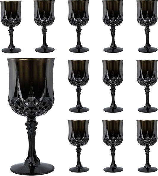 Plastic Wine Glasses, Plastic Goblets Vintage Style Cordial Unbreakable Drinking Glasses, Reusable Drinkware for Wedding Reception, Grand Event Party Supplies (12, Black)