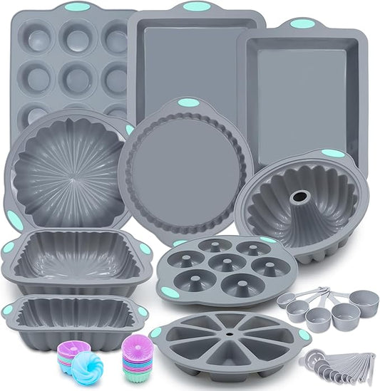 To encounter 51 Piece Silicone Baking Pan Set, Non-Stick Bakeware Set with Baking Pans, Reusable Donut Mold, Food-Grade Silicone Molds for Cakes, Cookies, Muffins, Bread, Light Grey