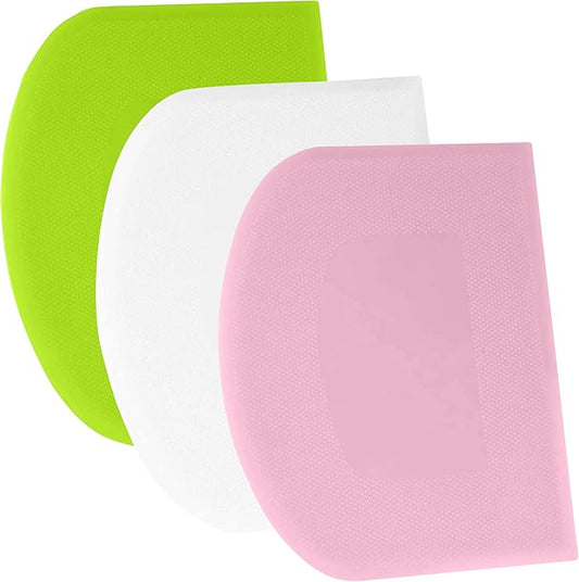 SURDOCA Dough Scraper Bench Scraper - 3P 13x7.9" Plastic Flexible Bowl Scraper, Sharp Edge & Angles Cake Scraper. Non-Slip Bakeware Decorating Tools Sculpting & Modeling Tools - Pink+White+Green