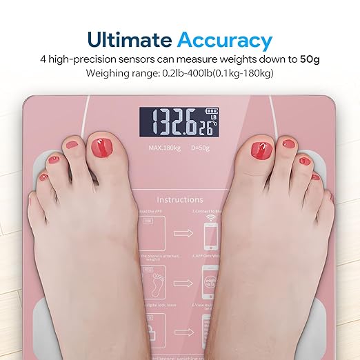Smart Body Fat Scale with Led Display - Digital Bathroom Scale with Bluetooth, Accurate Body Composition Measurement, Muscle Mass, BMI, and Body Water Analysis - Pink