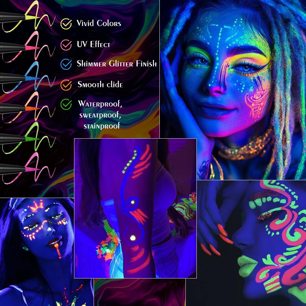 evpct Purple Shimmer Eyeliner UV Neon Gel Eyeliner Pencil Makeup, Rainbow Halloween Colored Colorful Gel Eye Liner Pen Glow in Dark Makeup, Long Lasting Waterproof Eyeliners for Face Body Painting