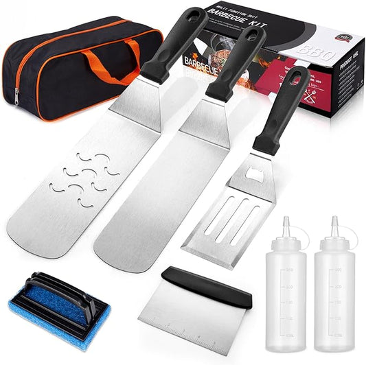 8PCS Whaleme Stainless Steel Spatula Set, Metal Spatula Set for Blackstone, Griddle Scraper/Hamburger Turner/Metal Grill BBQ Enlarged Spatulas Set with Carry Bag Outdoor BBQ & Teppanyaki and Camping