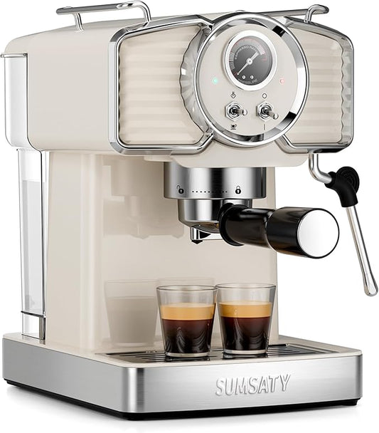 SUMSATY Espresso Machine 20 Bar, Professional Espresso Maker with Milk Frother Steamer Wand, Retro Coffee Maker Cappuccino & Latte Machine for Home, 1.8L Removable Water Tank, Off-white