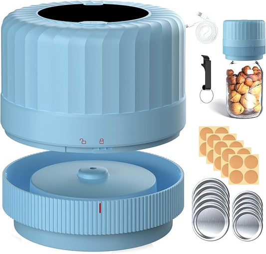 HTPOW Electric Mason Jar Vacuum Sealer - Fully Automatic Mason Jar Vacuum Sealer Kit for All Mason Jars with Regular Lids and Wide Mouth Lids, A Must-Have Tool for Canned Foods/Pantry - Blue