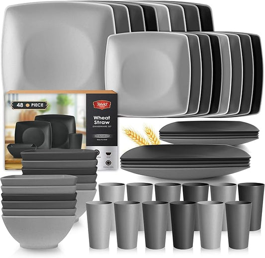 Teivio 48-piece Wheat Straw Square Dinnerware Set for 12, Unbreakable Dinner Plates, Salad Plates, Snack Bowls, Tumblers 13.5 oz, Dishwasher Safe, Plastic Kitchen RV Dish Set, Gray Ombre