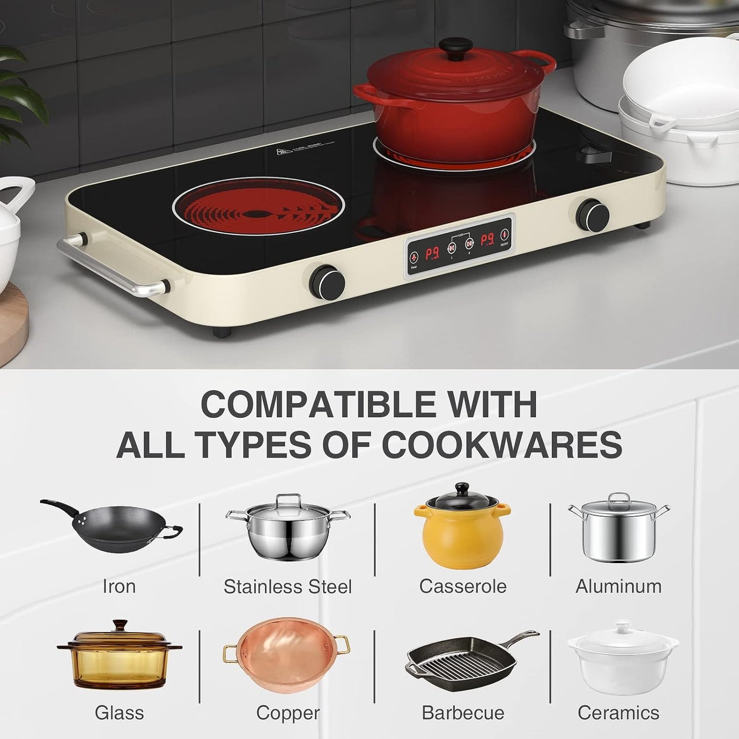 2200W Electric Cooktop 2 Burners: 12 Inch Portable Hot Plate Electric Stove Top - 110V/120V Double Burner Countertop with Timer, Knob Control, 9 Heating Levels, for All Cookware