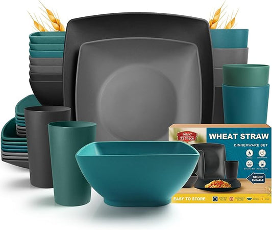 Teivio 32-piece Plastic Wheat Straw Square Dinnerware Set for 8, Unbreakable Dinner Plates, Salad Plates, Snack Bowls, Tumblers 13.5 oz, Dishwasher Safe, Coastal Multicolor