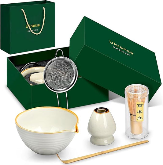 Matcha Whisk Set, 5-Piece Complete Matcha Kit with Traditional Ceramic Bowl, Bamboo Whisk, Scoop, Sifter, Holder, Authentic Beginners and Enthusiasts, Ideal Matcha Gift Set in Jade Green
