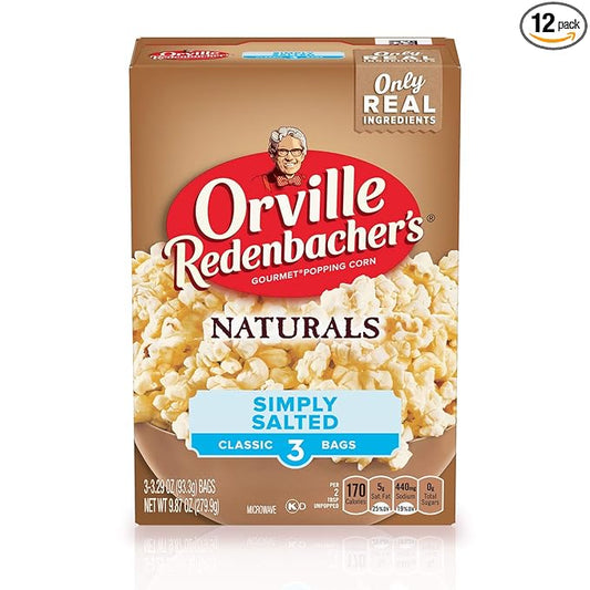 Orville Redenbacher’s Microwave Popcorn, Naturals Simply Salted Flavor, 3g Fiber Per Serving, 3.29 oz., 3-Count (12 Boxes)