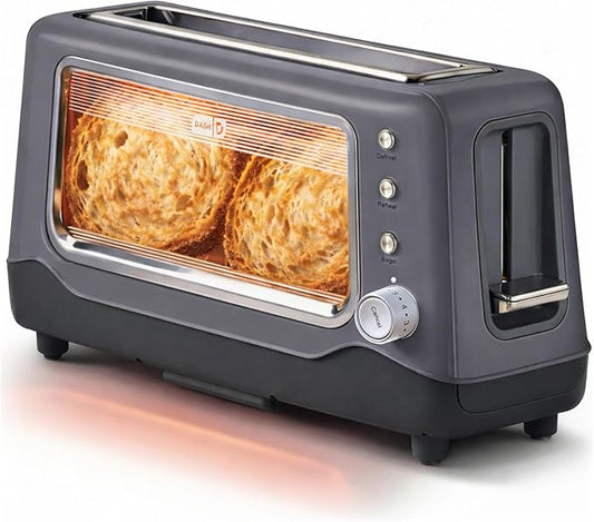 DASH Clear View Toaster: Extra Wide Slot Toaster with See Through Window - Defrost, Reheat + Auto Shut Off Feature for Bagels, Specialty Breads & other Baked Goods - Grey