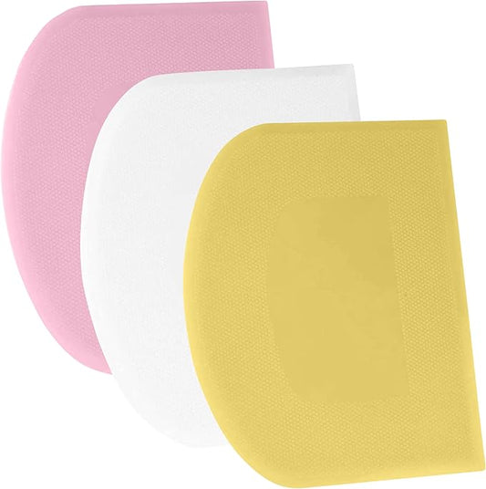 SURDOCA Dough Scraper Bench Scraper - 3P 9.5x6.1" Plastic Flexible Bowl Scraper, Sharp Edge & Angles Cake Scraper. Non-Slip Bakeware Decorating Tools Sculpting & Modeling Tools - Yellow+White+Pink