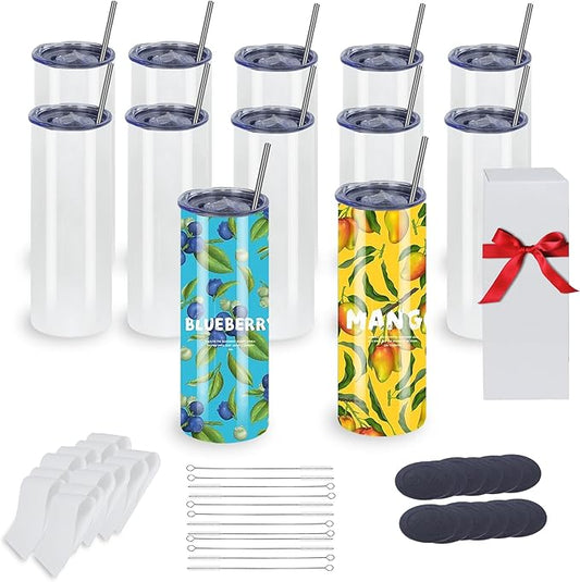 12 Pack 20oz Sublimation Tumblers Bulk With Flat Edge, 20OZ Flat Sublimation Tumbler Blank, Skinny Straight Stainless Steel Blanks Cups with Individual Box(12, 20OZ)