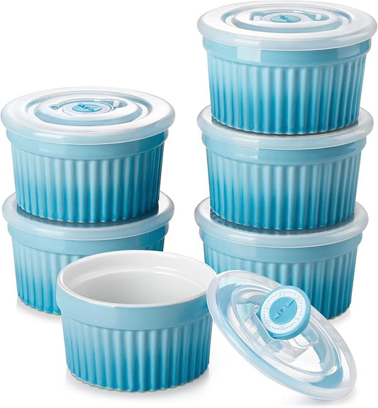 vancasso 6 oz Ramekins with Lid, Porcelain Creme Brulee Souffle Dishes, Blue Pudding Custard Cups Ramiken for Baking, Dishwasher and Oven Safe, Set of 6