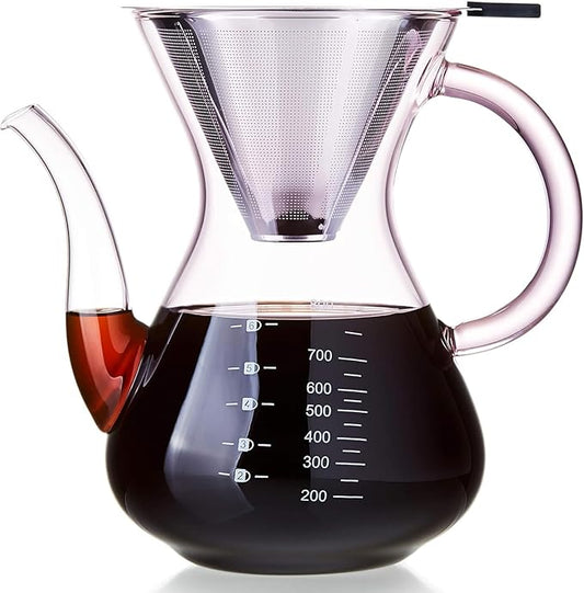 Unbreakable - Pour Over Coffee Maker with Double Stainless Filter 27 fl oz, Thickened Heat-Resistant Borosilicate Glass Pour Over Coffee Dripper, Stovetop Safe