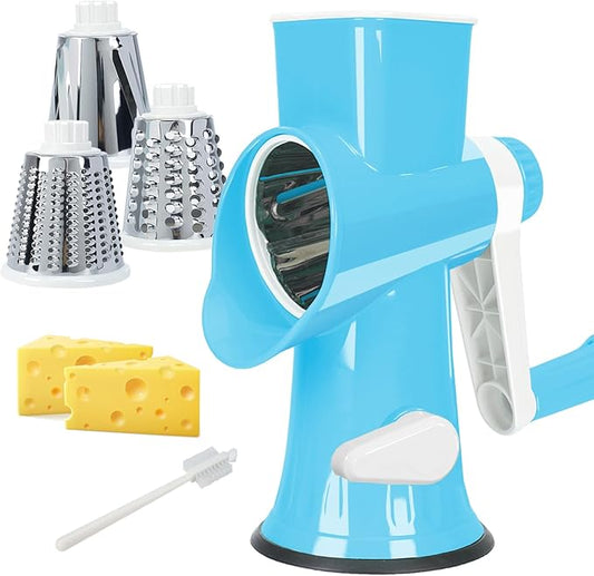 Cheese Grater MultiFunction Rotary Cheese Grater Hand Crank – Cheese Shredder Effortlessly Shred,Slice,Chop.Applicable to Cheese, Vegetables,Fruits,Nuts,Non-Slip Suction Base,Easy to Clean (blue)